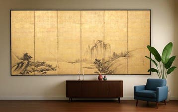 Vouwscherm  (byôbu) - Papier, Lak, Hout, Bladgoud - Japan
