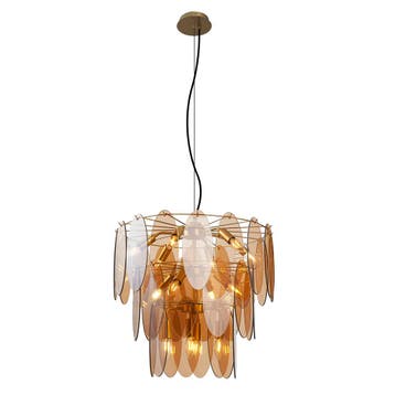 Art Deco hanglamp goud met amber glas ovaal 14-lichts -, Huis en Inrichting, Verzenden, Nieuw, Glas, Art Deco