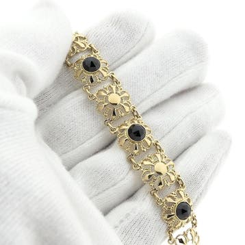 Antiek gouden bootjesarmband met granaat (Schakelarmband), Gebruikt, Ophalen of Verzenden, Met edelsteen, Goud