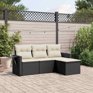 vidaXL 4-delige Loungeset met kussens poly rattan zwart, Verzenden, Nieuw, Loungeset