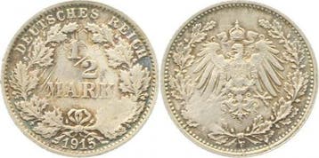 1/2 Reichsmark Duitsland Fehlpraegung 1/2 Mark 1915 F Lic..., Verzenden