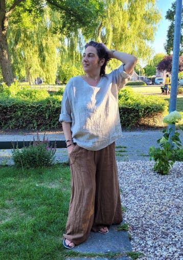 Linnen lange broek met zijzakken en brede pijpen, BRUIN,, Nieuw