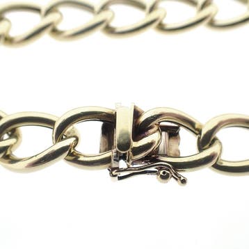 Gouden wijde gourmet schakelarmband., Ophalen of Verzenden, Gebruikt, Goud, Goud