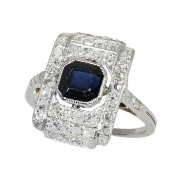 Ring Platina - 1.00ct. tw. Saffier - Diamant - Art Deco 1930, Nieuw