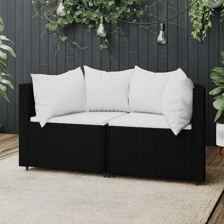 vidaXL Tuinhoekbanken met kussens 2 st poly rattan zwart, Tuin en Terras, Tuinsets en Loungesets, Nieuw, Verzenden