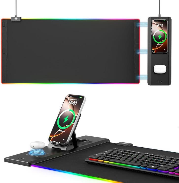 RGB Bureauonderlegger | Draadloos Opladen | Retourdeal 46%, Computers en Software, Muismatten, Gaming muismat, Zo goed als nieuw