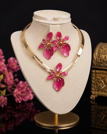 Mooi geëmailleerde bloemen-set - fuchsiekleur met gouden, Nieuw
