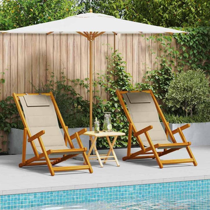 vidaXL Strandstoel met kussen 2 pcs Bruin Massief Acaciahout, Tuin en Terras, Tuinstoelen, Nieuw, Verzenden