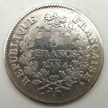 Frankrijk. Directoire (1795-1799). 5 Francs An 4-A Union et