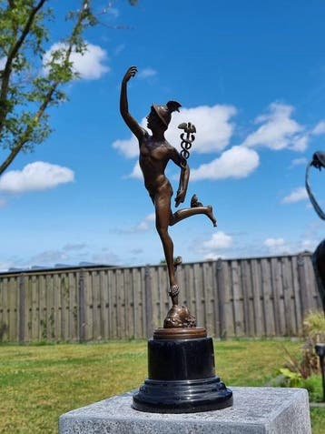 Beeld, Large Bronze Mercury Statue - 43 cm - Brons, Marmer -