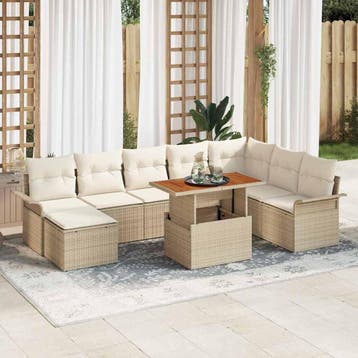 vidaXL Tuin Sofa Set met kussen 9 pcs beige en crèmekleurig, Verzenden, Nieuw, Rotan, Meer dan 8 zitplaatsen
