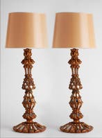 Tafellamp - Hout, Goud, Glas - Set van twee tafellampen, Antiek en Kunst, Curiosa en Brocante