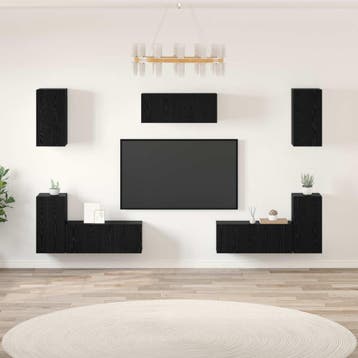 vidaXL Tv-meubelset Wandgemonteerd 7 pcs Zwart Eiken Bewerkt, Minder dan 50 cm, Verzenden, Nieuw, Minder dan 100 cm