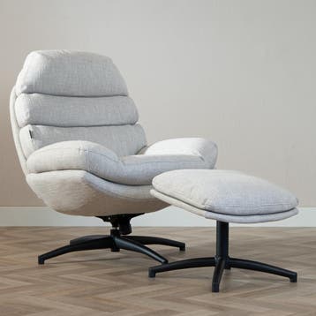 50% Korting: Draaifauteuil met hocker Palma linnen taupe, Ophalen, Zo goed als nieuw, Stof, Scandinavisch, Japandi, Retro, Vintage, Modern