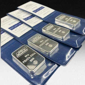 200 Grams : 4 x 50 g - Zilver .999 - Albino Moutinho - Met, Postzegels en Munten