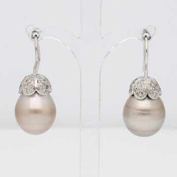 Oorbellen - 18 karaat Witgoud - Diamant/Parel, Sieraden, Tassen en Uiterlijk, Oorbellen, Nieuw