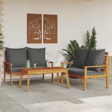 vidaXL 3-delige Loungeset met kussens massief acaciahout, Verzenden, Nieuw, Hardhout, Loungeset
