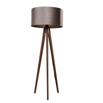 Vloerlamp tripod walnoot hout met velours kap taupe 50cm -, Huis en Inrichting, Lampen | Vloerlampen, Verzenden, Nieuw, Hout, Landelijk