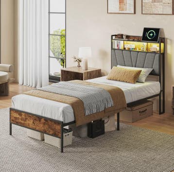 90x200cm Bedframe met LED Opberg Hoofdbord - Metaal & Hout -, Verzenden, Nieuw