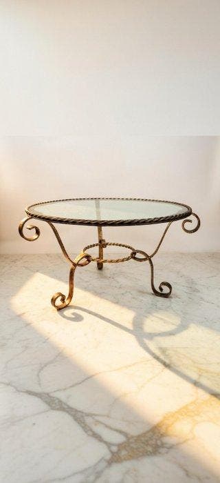 Tafel - Smeedijzeren zuiltafel met glas, 1930 - Metaal, Glas, Huis en Inrichting, Overige Huis en Inrichting