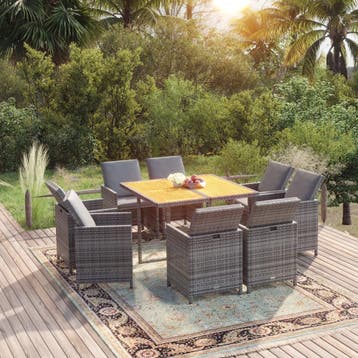 vidaXL 9-delige Tuinset met kussens poly rattan grijs, Verzenden, Nieuw, Tuinset