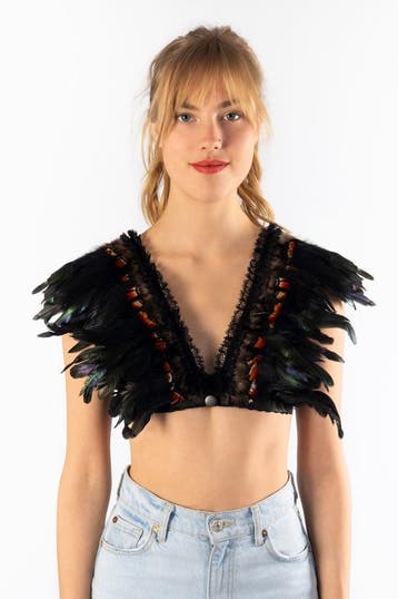 KIMU® Top met Veren Zwart Bruin XS S M Verentop Steampunk To, Ophalen of Verzenden, Nieuw, Carnaval, Kleding