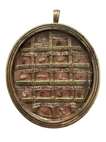Reliekhouder - Brons, Gouden cartouche, Glas, Textiel - 20e, Antiek en Kunst