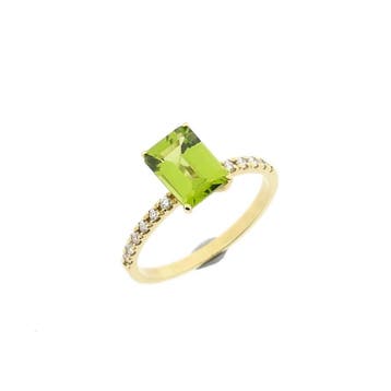 Gouden rijring met peridoot en diamanten; 0,12 ct., Gebruikt, Ophalen of Verzenden, 17 tot 18, Met edelsteen