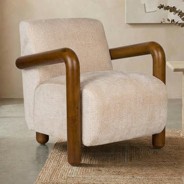 *WOONWINKEL* Dutchbone Robinson Fauteuil Met Houten Armleuni, Verzenden, Nieuw, Stof