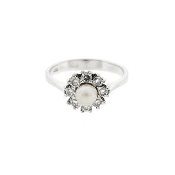 Diamonde witgouden ring met parel en diamanten; 0,16 ct., Sieraden, Tassen en Uiterlijk, Gebruikt, Ophalen of Verzenden, Kleiner dan 17