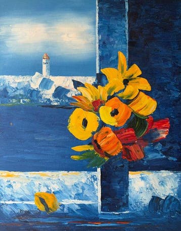 Franse school (XIX) - Fleurs au bord de la Méditerranée, Antiek en Kunst