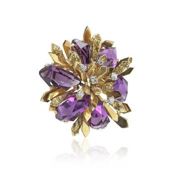 Broche - 18 karaat Geel goud Amethist - Diamant - Alan Gard