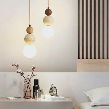 Stijlvolle Cream Hanglamp met Hout en Steen - Bauhaus Design, Verzenden, Nieuw