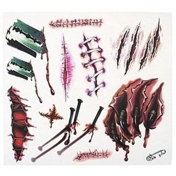 Halloween plaktattoo set van 12x horror wonden - Tatoeages, Ophalen of Verzenden, Nieuw