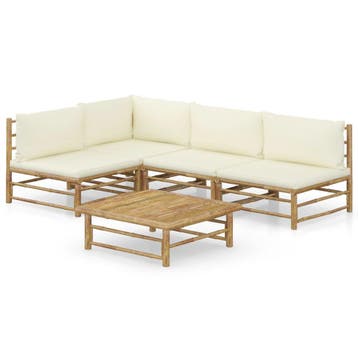 vidaXL 5-delige Loungeset met crèmewitte kussens bamboe, Verzenden, Nieuw, Hout, Loungeset