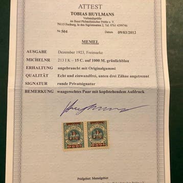 Memel 1923 - Klaipeda : 15 cent in paar met kopstaande, Gestempeld