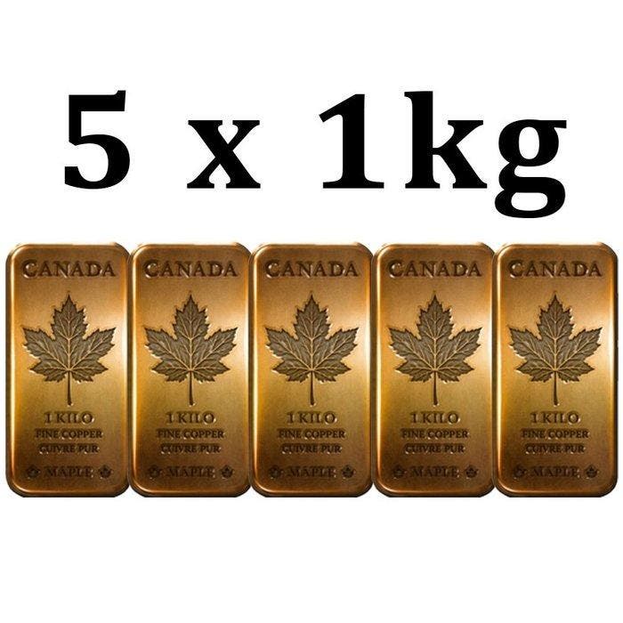 5 kilograms - Koper .999 - 5 x 1 Kilo 999 Fine Copper, Postzegels en Munten, Edelmetalen en Baren