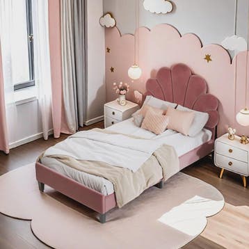 Kinderbed met Verstelbaar Hoofdbord en Bloemmotief - Velours, Verzenden, Nieuw