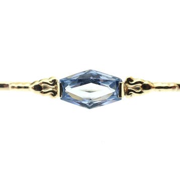 Vintage gouden lange smalle broche met aquamarijn, Gebruikt, Ophalen of Verzenden, Met edelsteen, Goud