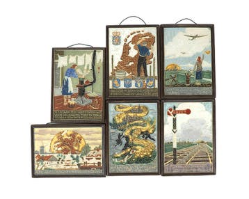 Zes cloisonné tegels, De Porceleyne Fles, Delft, 20e eeuw