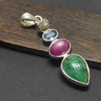 Smaragd Robijn Turkoois met ruwe diamant Hanger van 925, Verzamelen, Mineralen en Fossielen