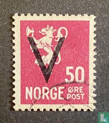 Noorwegen - Leeuw met opdruk V - 1941, Verzenden, Gestempeld
