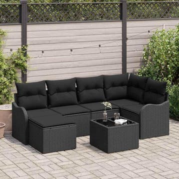 vidaXL Tuin Sofa Set 7 st Zwart poly rattan, Verzenden, Nieuw, Rotan, 7 zitplaatsen