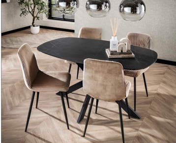 Combideal eetkamerset: Deens ovale eettafel Marquina, Huis en Inrichting, Ophalen of Verzenden, Nieuw