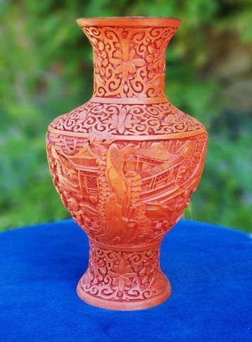 Vintage Chinese Carved Red Cinnabar Lacquer Baluster Vase –
