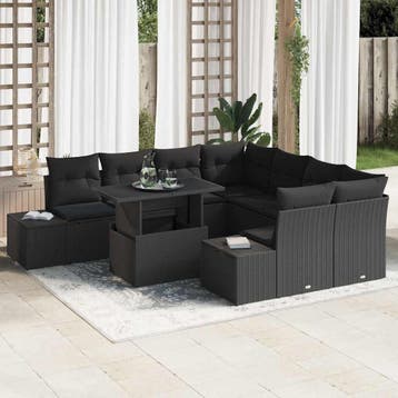 vidaXL Tuin Sofa Set 9 st Zwart poly rattan, Verzenden, Nieuw, Meer dan 8 zitplaatsen