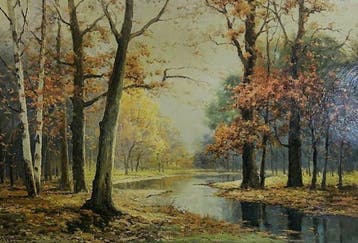 Robert Wood (XX) - Paysage forestier automnal, Antiek en Kunst, Kunst | Schilderijen | Klassiek
