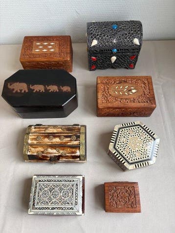 Theekistje / doosje - Hout, Been, Messing, parelmoer - 7, Antiek en Kunst