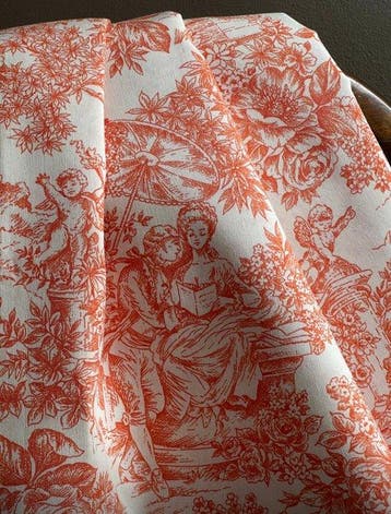 Dubbelbrede stof met toile de Jouy in oranje-koraal, voor
