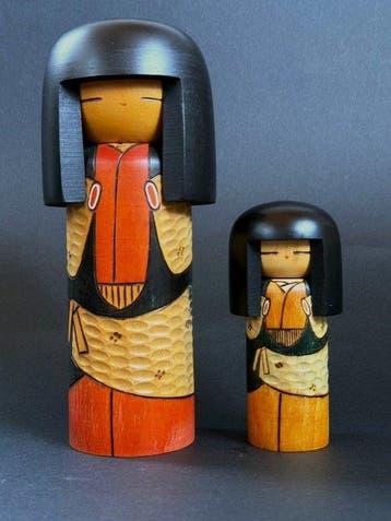 Vintage handgemaakte creatieve Kokeshi-popjes set van 2 -, Antiek en Kunst